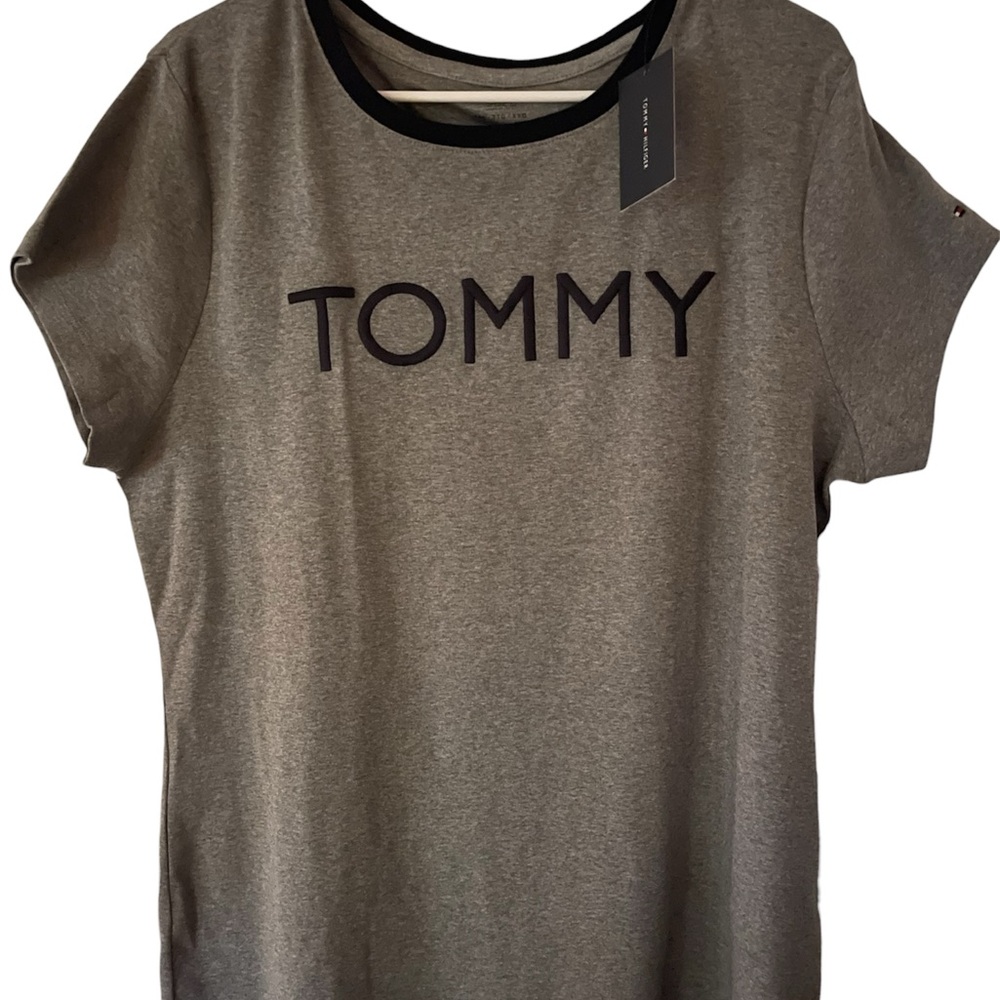 Tommy Hilfiger Navy Blue and Gray Stitched lettering Women's Tee